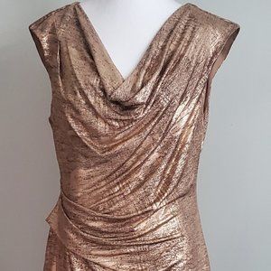 NWOT* Women's Ruched Party Dress Rose Gold Metallic & Black Cowl Neck Size 12